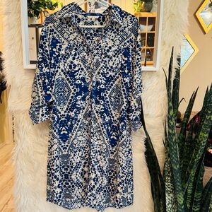 CAbi Blue & White Abstract Print Shirt Dress / Tunic – Size XL – Style 422